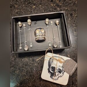 Silver Skull Cocktail Picks Set And Skull Marble Coaster Set